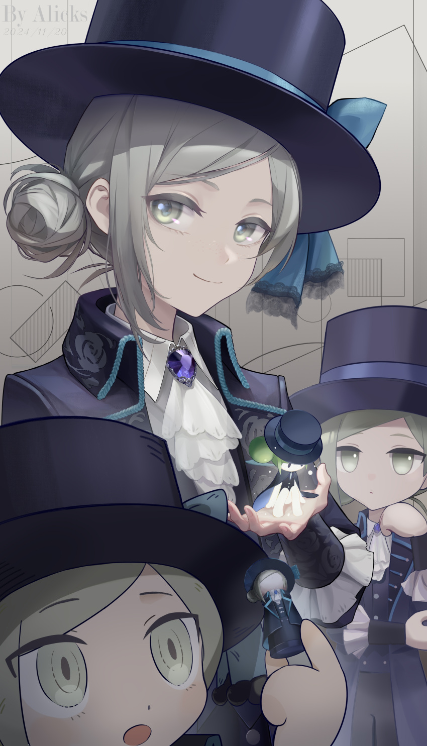 3girls, :o, absurdres, alicks_(8923240), ascot, black_coat, black_hat, blue_bow, boater_hat, bow, chess_piece, chibi, chibi_inset, clone, closed_mouth, coat, collared_shirt, grey_background, grey_eyes, grey_hair, hair_bun, hat, hat_bow, head_rest, highres, holding, holding_chess_piece, looking_at_object, looking_at_viewer, multiple_girls, purple_brooch, reverse:1999, shirt, single_side_bun, smile, vertin_(reverse:1999), white_ascot, white_shirt