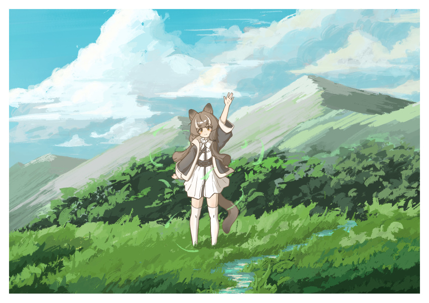 1girl, animal_ears, arknights, arm_up, black_jacket, blush, brown_eyes, brown_hair, bush, chinese_commentary, clouds, commentary_request, day, dress, grass, highres, honeyberry_(arknights), jacket, long_hair, looking_at_viewer, mu_lin_di, multicolored_hair, open_clothes, open_jacket, outdoors, outstretched_arm, plant, river, smile, solo, standing, streaked_hair, tail, thigh-highs, water, waving, waving_arm, white_dress, white_hair, white_thighhighs, wide_shot, wind