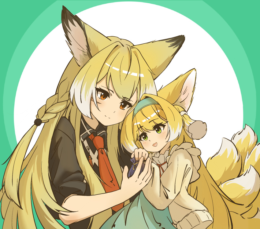 2girls, :d, animal_ears, arknights, blonde_hair, border, braid, chinese_commentary, closed_mouth, commentary_request, green_border, green_eyes, green_hairband, hairband, heads_together, highres, holding, long_hair, long_sleeves, mother_and_daughter, mu_lin_di, multicolored_hair, multiple_girls, multiple_tails, official_alternate_costume, open_mouth, orange_eyes, outside_border, round_border, scar, scar_on_cheek, scar_on_face, short_sleeves, smile, split_mouth, streaked_hair, suzuran_(arknights), suzuran_(spring_praise)_(arknights), tail, upper_body, vulpisfoglia_(arknights), white_background, white_hair