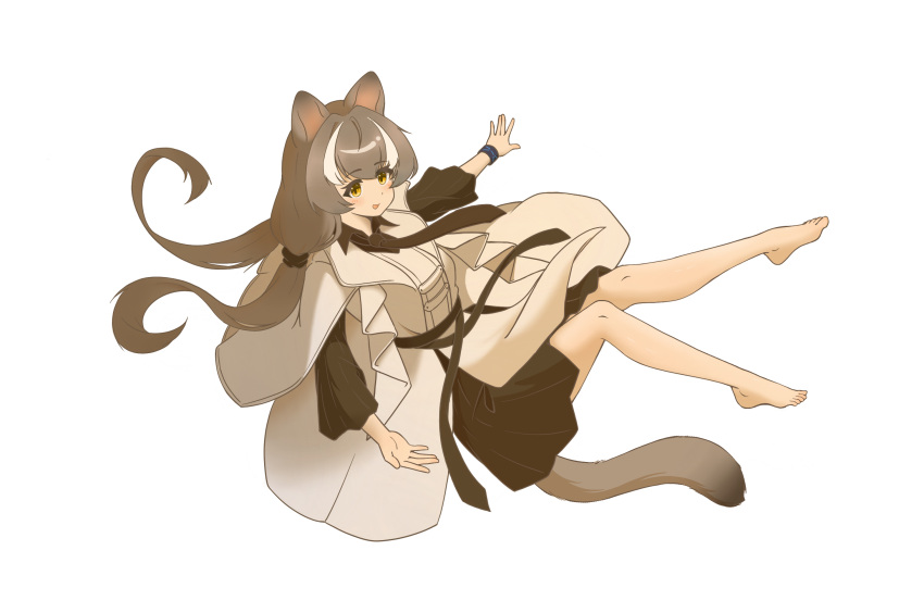 1girl, :d, animal_ears, arknights, barefoot, black_coat, black_necktie, black_shirt
