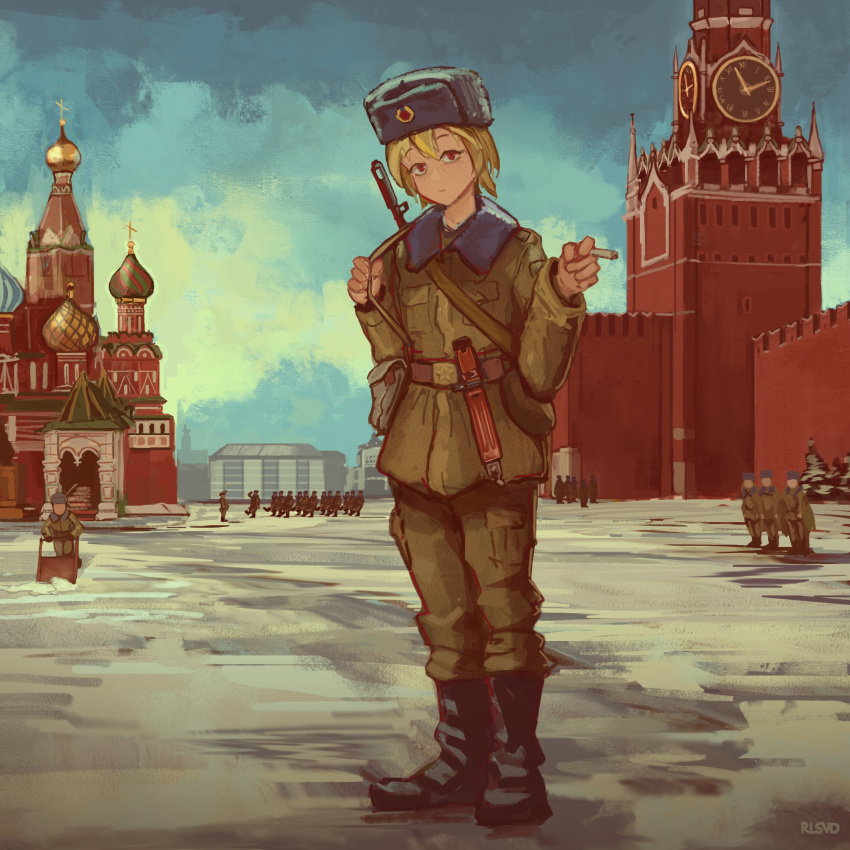 1girl, 6+boys, ak-74, assault_rifle, belt, blonde_hair, cigarette, clock, clock_tower, faceless, full_body, green_jacket, green_pants, gun, gun_on_back, hat, highres, holding, holding_cigarette, jacket, kalashnikov_rifle, looking_at_viewer, military, military_uniform, moscow, multiple_boys, original, outdoors, pants, real_world_location, red_eyes, red_square, rifle, rifle_cartridge, rlsvd, short_hair, soldier, solo, spasskaya_tower, st_basil's_cathedral, standing, tower, weapon, weapon_on_back