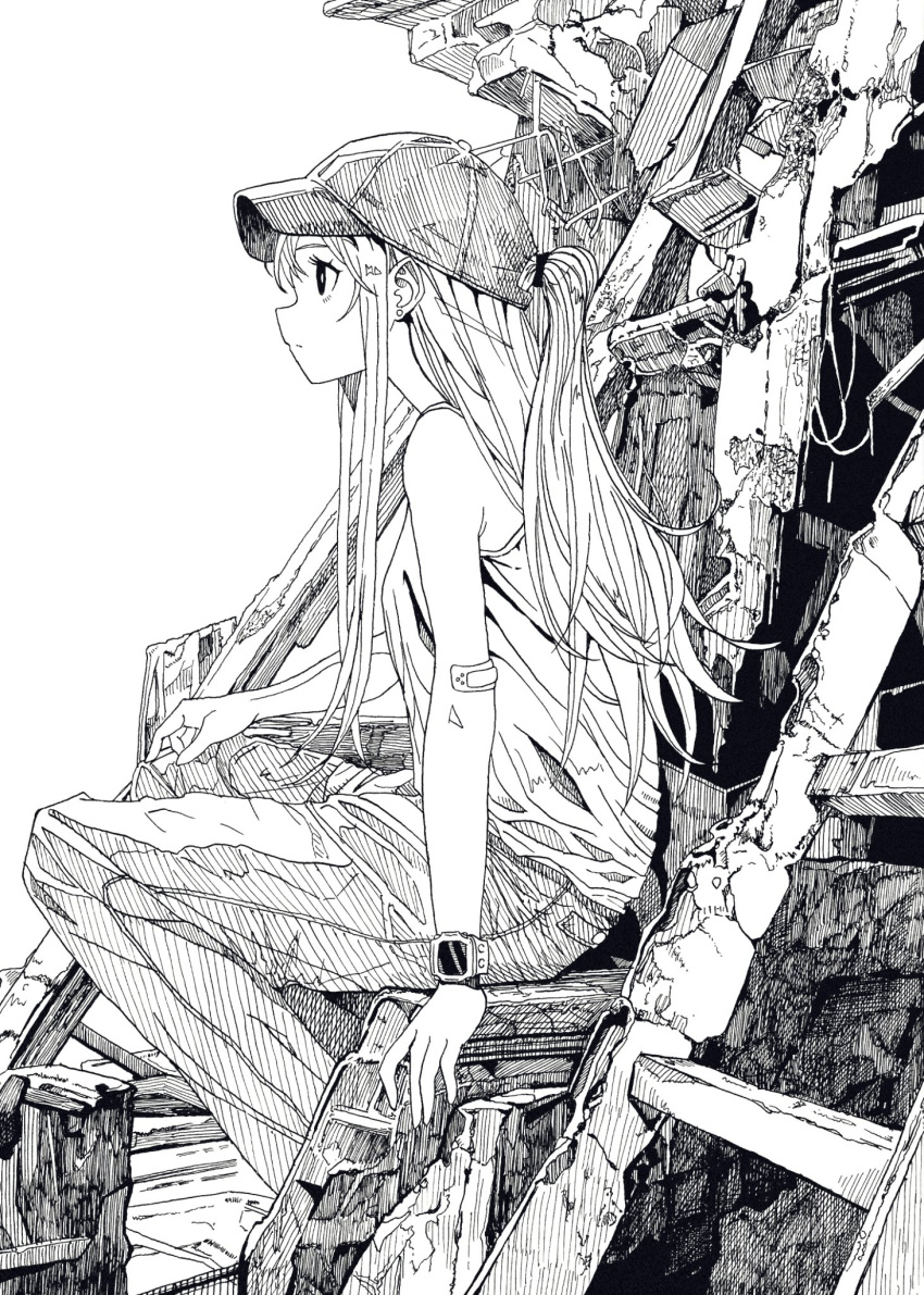 1girl, bandaid, bandaid_on_arm, camisole, dong-hang, earrings, from_side, greyscale