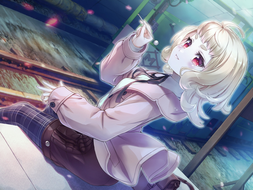 1girl, absurdres, ahoge, blonde_hair, blush, highres, jacket, looking_at_viewer