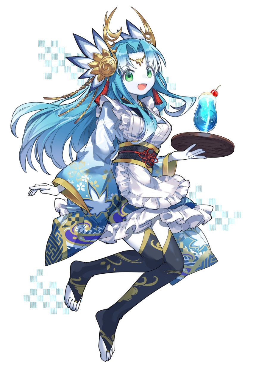 1girl, absurdres, apron, blue_hair, colored_skin, dragon_girl, drink, green_eyes