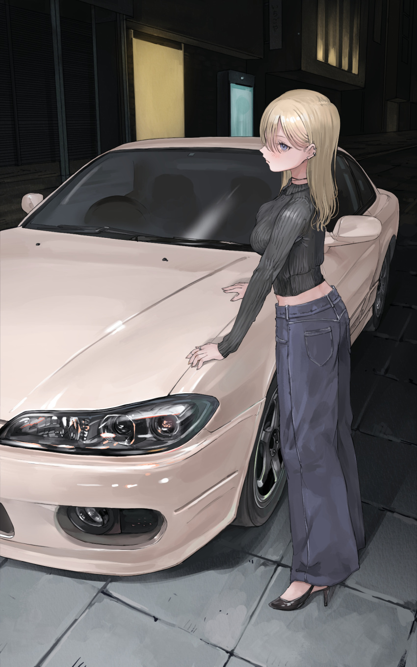 1girl, black_footwear, black_sweater, blonde_hair, blue_eyes, blue_pants, blush, breasts