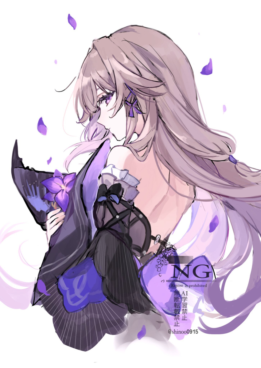 1girl, backless_dress, backless_outfit, black_dress, black_sleeves, brown_hair, commentary, cropped_torso