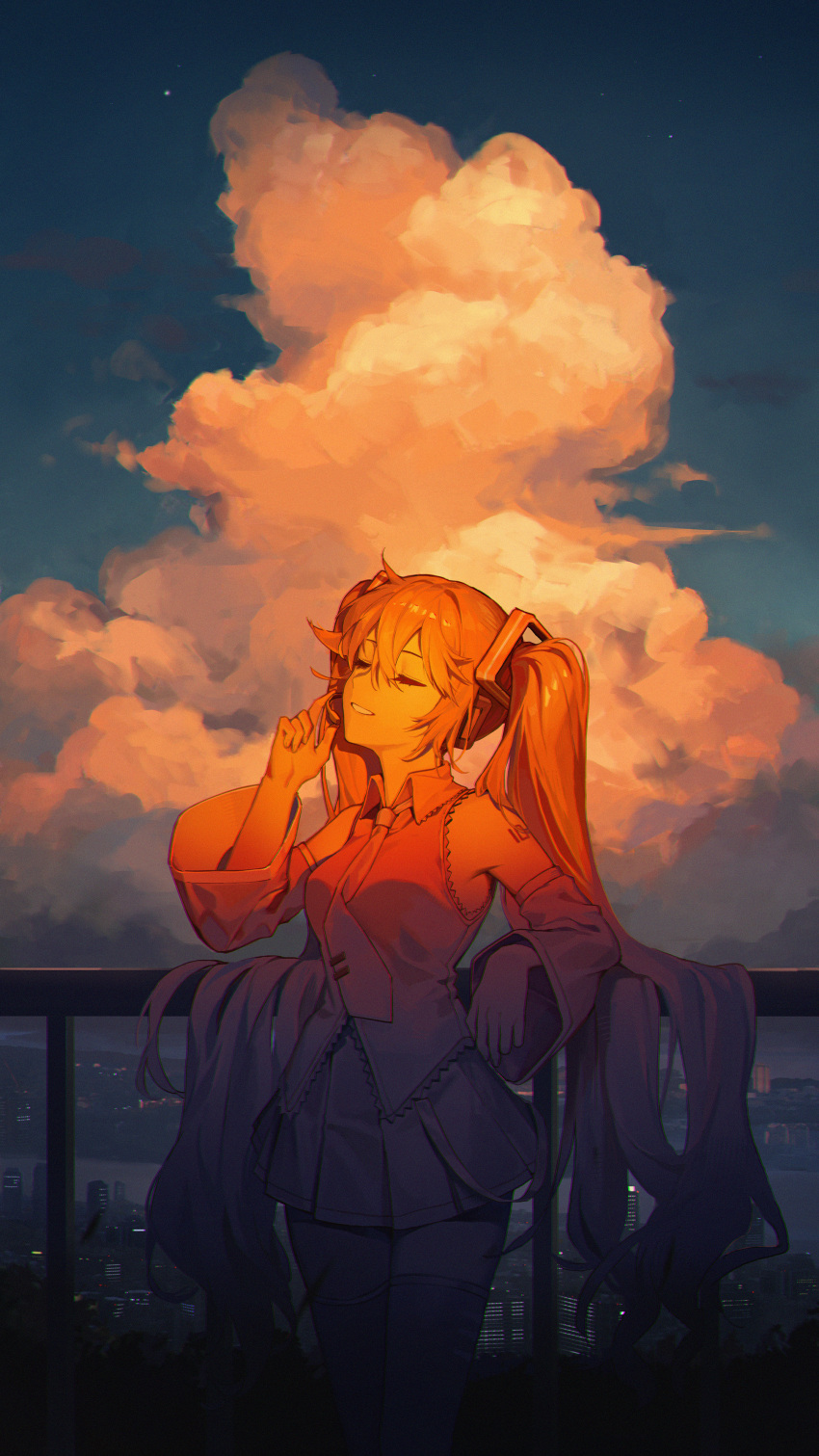 1girl, absurdres, against_railing, aqua_hair, aqua_necktie, arm_rest, arm_up, bare_shoulders