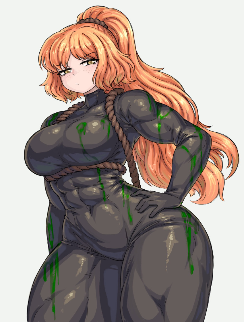 1girl, black_bodysuit, black_wetsuit, bodysuit, breasts, brown_hairband, diving_suit, freckles