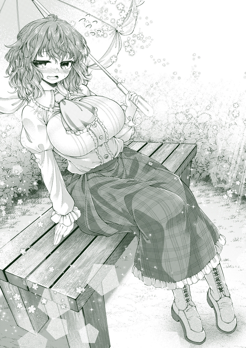 0-den, 1girl, absurdres, ascot, bench, blush, boots, breasts