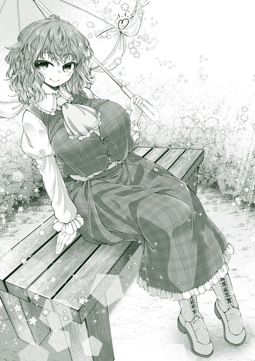 0-den, 1girl, absurdres, ascot, bench, boots, breasts, collared_shirt