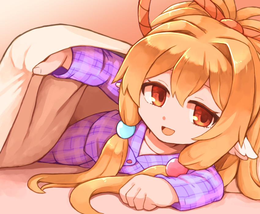 1girl, animal_ears, beads, blonde_hair, granblue_fantasy, hair_beads, hair_ornament, harvin, hidemushi, highres, long_hair, mahira_(granblue_fantasy), on_bed, open_mouth, pajamas, pointy_ears, red_eyes, solo, striped_clothes, striped_pajamas, very_long_hair