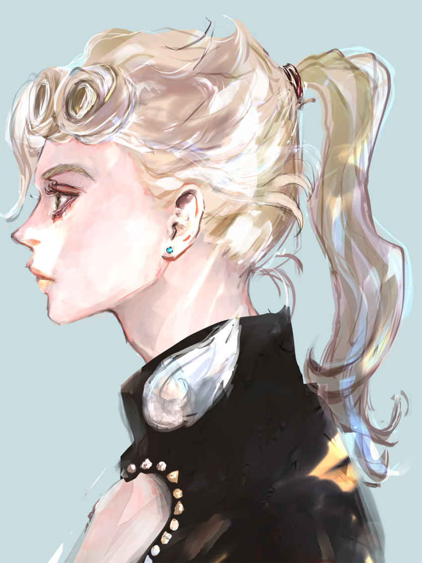 1boy, androgynous, bishounen, blonde_hair, earrings, from_side, giorno_giovanna, green_eyes, highres, jewelry, jojo_no_kimyou_na_bouken, long_hair, milo1108, ponytail, solo, vento_aureo