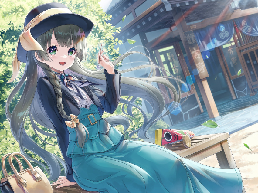 1girl, absurdres, bag, bench, blush, braid, building, day