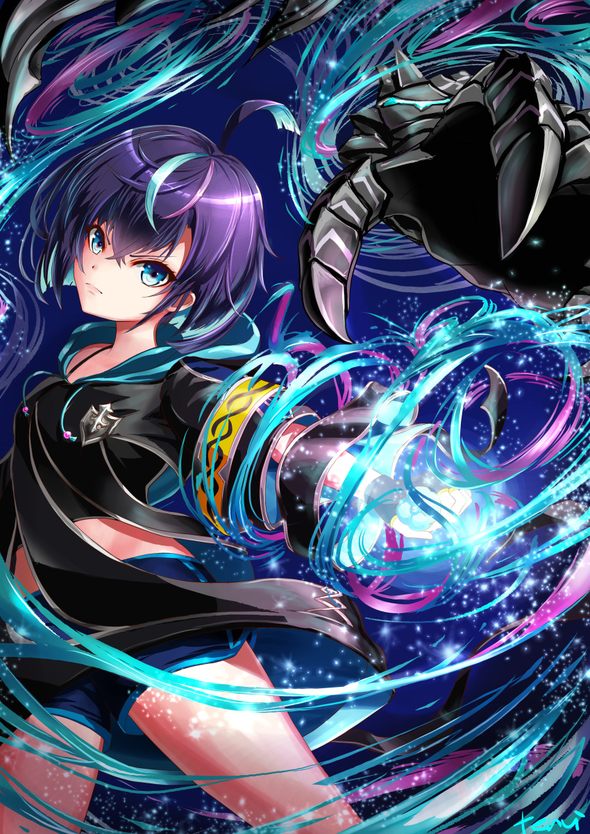 1girl, absurdres, black_hair, blue_eyes, colored_inner_hair, fingerless_gloves, gloves, hair_between_eyes