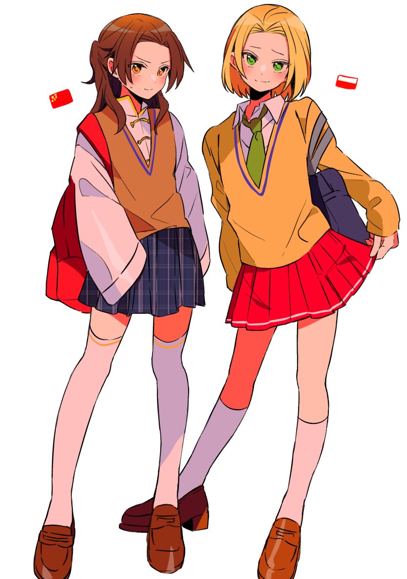 2boys, axis_powers_hetalia, backpack, bag, blonde_hair, blue_skirt, blush, brown_footwear