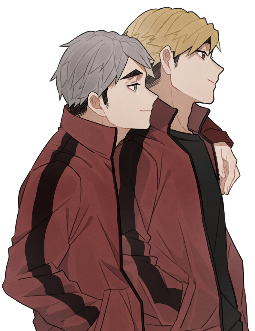2boys, arm_around_shoulder, black_hair, blonde_hair, brothers, brown_eyes, closed_mouth, collared_jacket