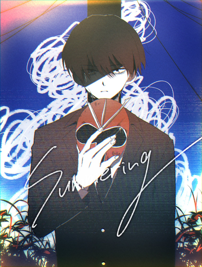 1boy, bags_under_eyes, black_eyes, black_hair, black_necktie, blue_sky, buttons, closed_mouth