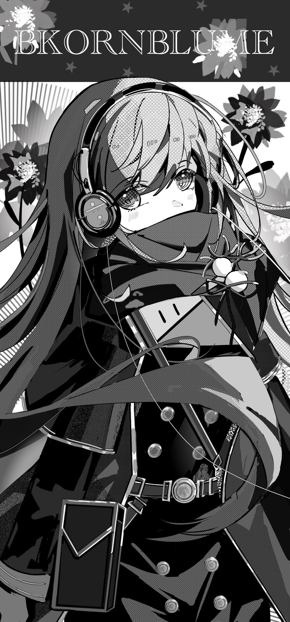 1girl, belt, bkornblume, buttons, character_name, coat_dress, covered_mouth, double-breasted