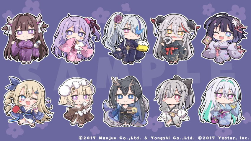 6+girls, aegir_(azur_lane), azur_lane, black_bow, black_hair, black_kimono, blonde_hair, blue_kimono