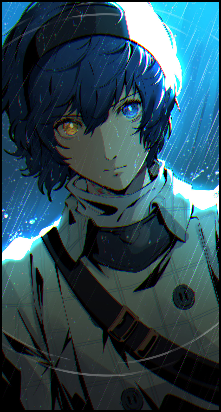 1boy, absurdres, belt, belt_buckle, black_belt, blue_hair, buckle, chest_belt