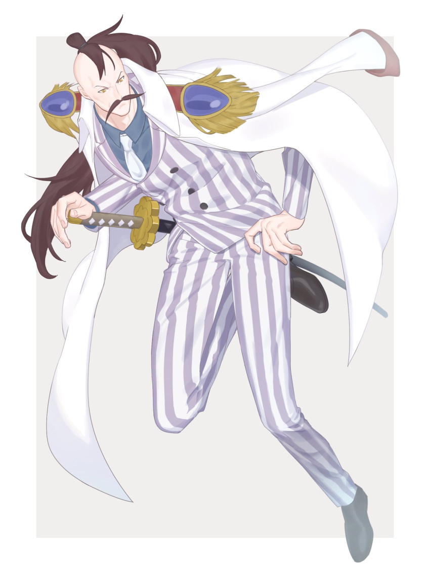 1boy, brown_hair, coat, collared_shirt, epaulettes, facial_hair, full_body, hair_bun, highres, male_focus, mifunenco, momonga_(one_piece), mustache, necktie, one_piece, shirt, simple_background, solo, sword, vertical-striped_suit, weapon, white_coat, white_necktie, yellow_eyes