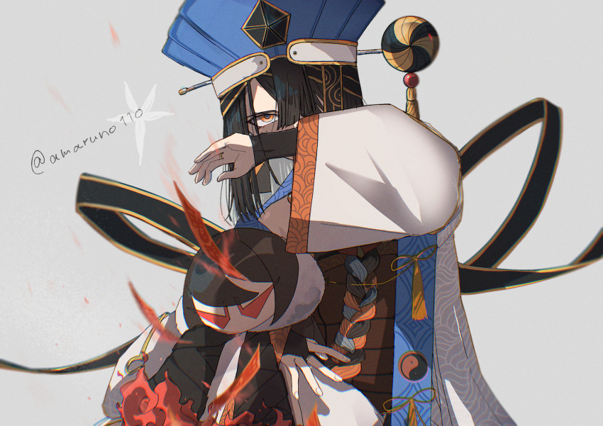 1girl, anohito_(amaruno110), black_hair, bridal_gauntlets, brown_eyes, character_doll, covering_face, fate/grand_order