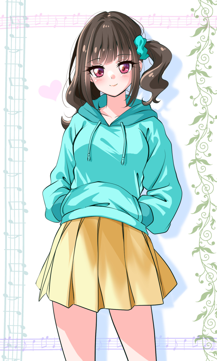 1girl, aqua_jacket, blue_eyes, breasts, brown_hair, commentary, cowboy_shot, hair_ornament