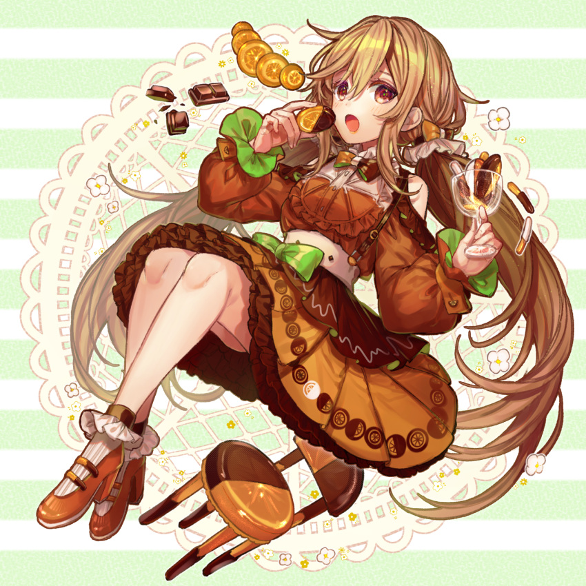 1girl, bow, bowtie, brown_eyes, brown_footwear, brown_hair, chair, chocolate