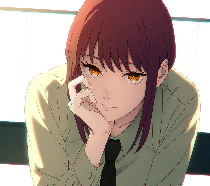 1girl, backlighting, black_necktie, chainsaw_man, chromatic_aberration, commentary_request, head_rest, makima_(chainsaw_man)