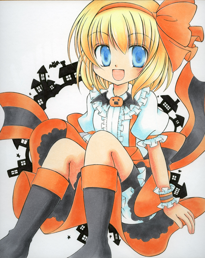 alice_margatroid, alice_margatroid_(pc-98), blonde_hair, bloomers, blue_eyes, blush, hairband, halloween