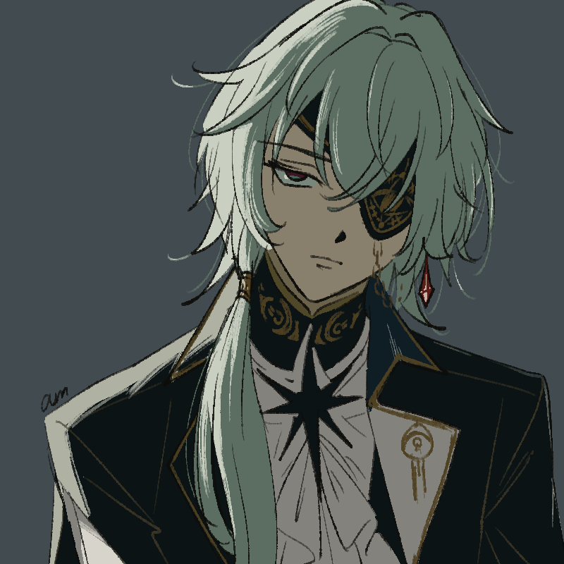 1boy, am_starrail, anaxa_(honkai:_star_rail), black_jacket, closed_mouth, earrings, eyepatch, grey_background