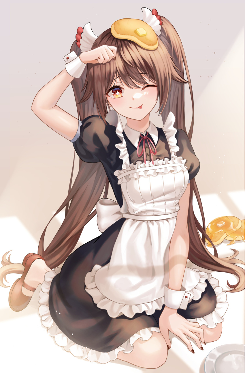 1girl, ;p, absurdres, alternate_costume, apron, arin_art, back_bow, between_legs, black_footwear, black_nails, black_shirt, black_skirt, blush, bow, brown_background, brown_eyes, brown_hair, butterfly-shaped_pupils, closed_mouth, commentary_request, enmaided, food, food_on_head, frilled_apron, frilled_skirt, frills, full_body, furrowed_brow, genshin_impact, hand_between_legs, highres, hu_tao_(genshin_impact), korean_commentary, long_hair, long_skirt, looking_at_viewer, maid, maid_apron, mary_janes, nail_polish, neck_ribbon, object_on_head, one_eye_closed, pancake, puffy_short_sleeves, puffy_sleeves, red_ribbon, ribbon, shirt, shoes, short_sleeves, simple_background, sitting, skirt, smile, solo, split_mouth, straight_hair, swept_bangs, symbol-shaped_pupils, tehepero, tongue, tongue_out, tsurime, twintails, very_long_hair, wariza, white_apron, white_bow, white_wrist_cuffs, wrist_cuffs