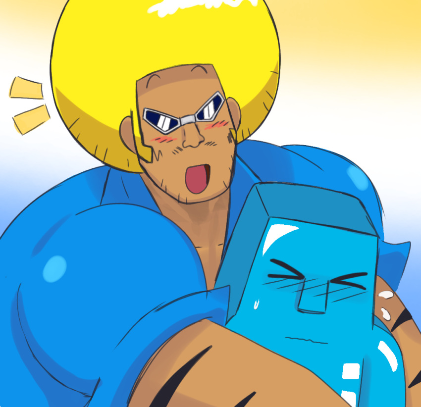 2boys, blush, bobobo-bo_bo-bobo, bobobo-bo_bo-bobo_(character), food_creature, funnymanoopsy, gradient_background, hug