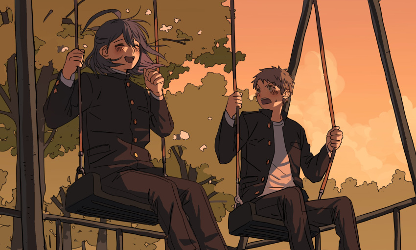 2boys, ^_^, aged_down, ahoge, amaguni_hitoya, blush, bush, closed_eyes, doshi0810, flustered, from_below, gakuran, grin, highres, huge_ahoge, hypnosis_mic, jacket, jinguji_jakurai, laughing, looking_at_another, male_focus, multiple_boys, open_clothes, open_jacket, open_mouth, outdoors, park, school_uniform, short_hair, smile, sunset, sweatdrop, swing, swing_set, tree, v-shaped_eyebrows, very_short_hair