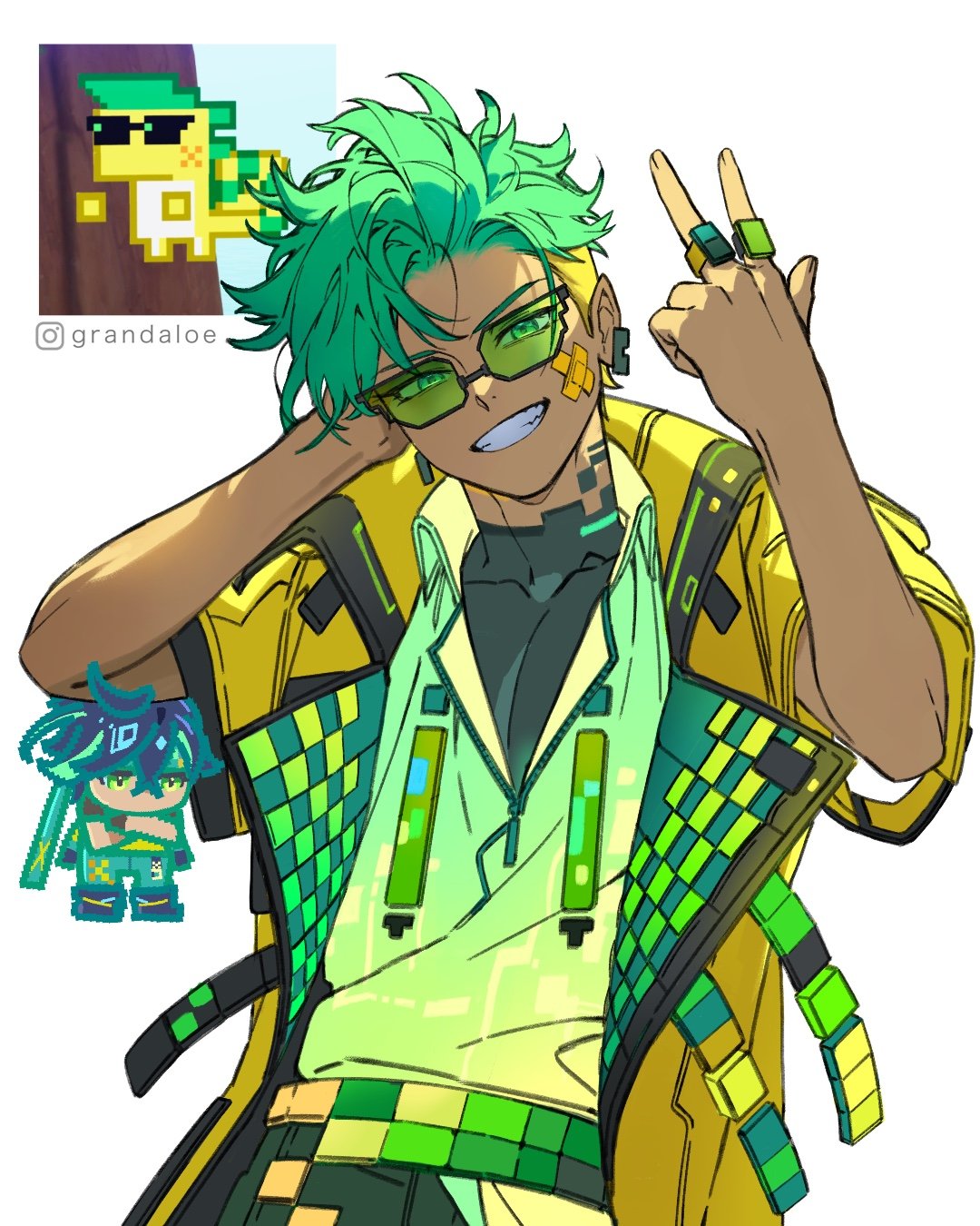 2boys, ajaw_(genshin_impact), bandaid, bandaid_on_cheek, bandaid_on_face, black_hair, black_shirt, blonde_hair, crossed_arms, dark-skinned_male, dark_skin, earrings, english_commentary, game_screenshot_inset, genshin_impact, grandaloe, green-tinted_eyewear, green_eyes, green_hair, green_shirt, grin, hand_on_own_head, hands_up, highres, instagram_username, jacket, jewelry, kinich_(genshin_impact), layered_clothes, looking_at_viewer, male_focus, multicolored_hair, multiple_boys, open_clothes, open_jacket, personification, pixelated, ring, role_reversal, shirt, short_hair, short_sleeves, simple_background, smile, sunglasses, teeth, tinted_eyewear, turtleneck, turtleneck_shirt, two-tone_hair, upper_body, white_background, yellow_jacket, zipper, zipper_pull_tab