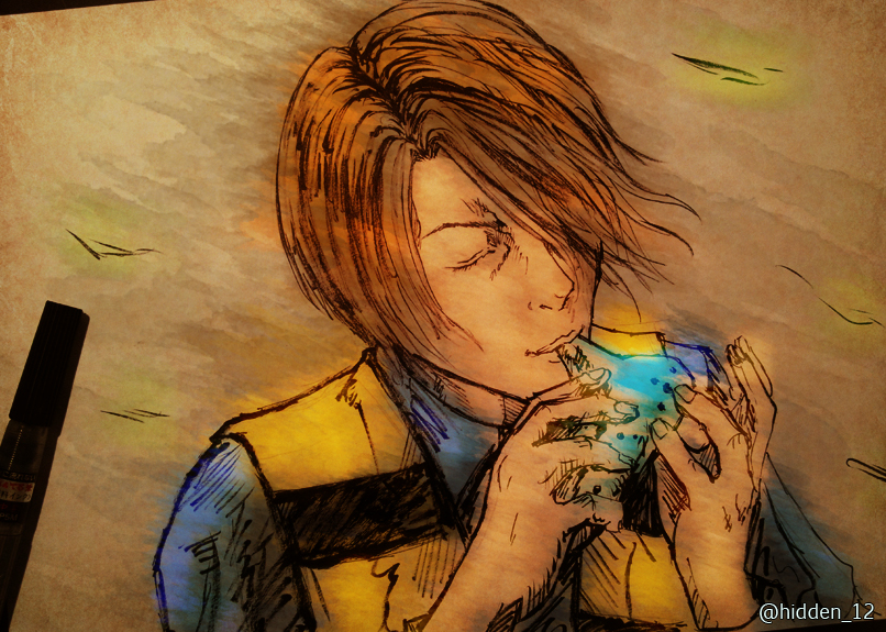 1boy, aged_up, blue_shirt, brown_hair, gegege_no_kitarou, hair_over_one_eye, hidden_12, instrument