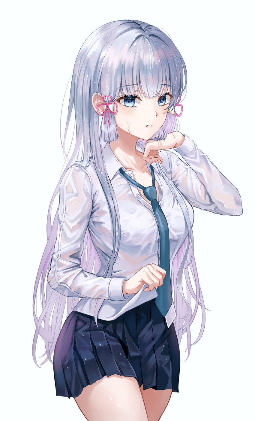 1girl, absurdres, alternate_costume, arin_art, black_skirt, blue_eyes, blue_necktie, blunt_bangs