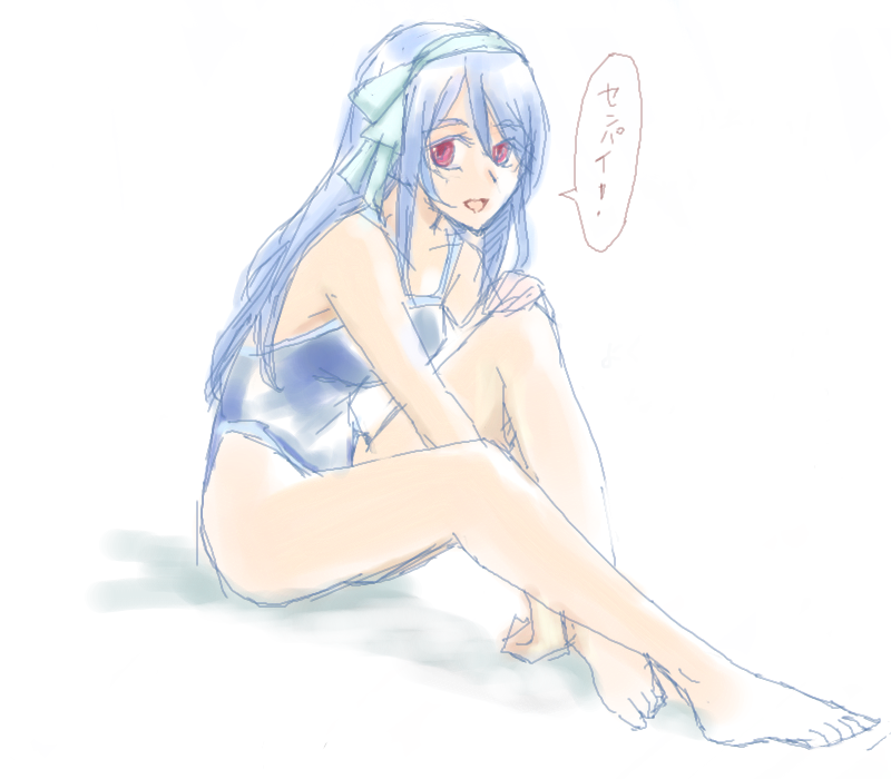barefoot, blue_hair, feet, futaba_channel, hairband, koronu, kyata, long_hair