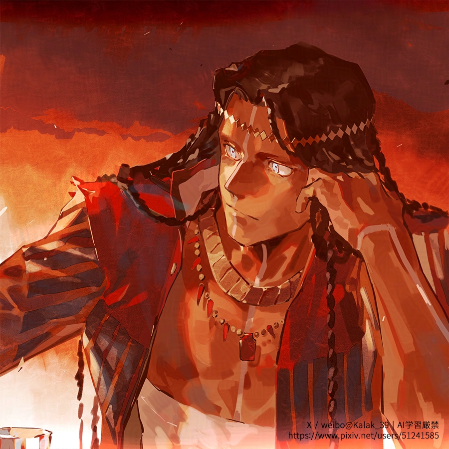 1boy, bandages, black_hair, blue_eyes, bodypaint, braid, circlet, closed_mouth