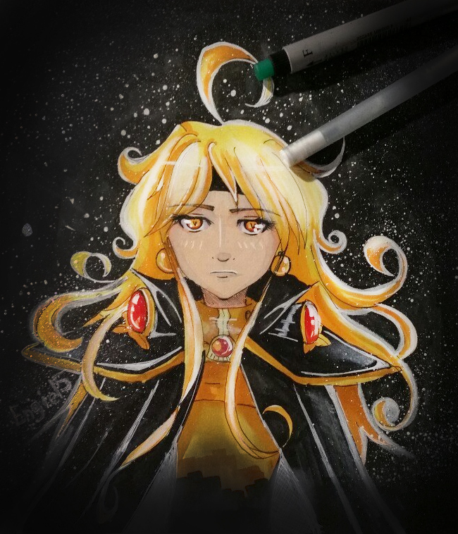 1girl, ahoge, alternate_eye_color, alternate_hair_color, bandana, blonde_hair, cape, commentary
