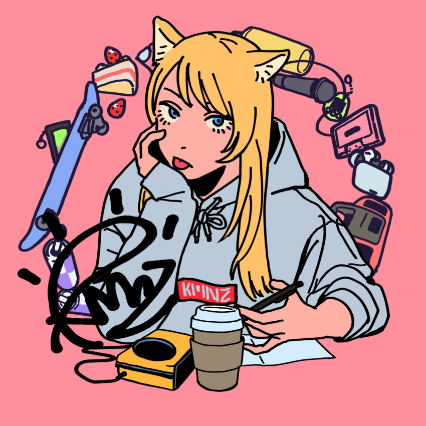 1girl, airpods, animal_ears, blonde_hair, blue_eyes, boombox, cake, cake_slice
