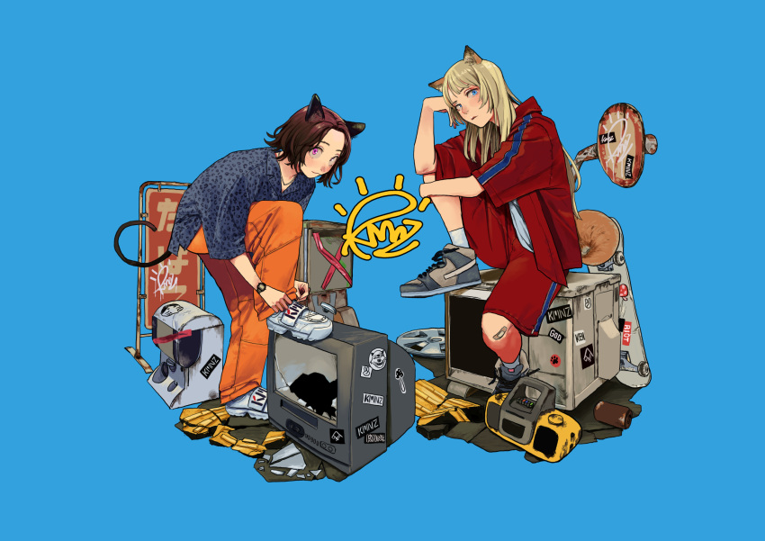 2girls, :3, adjusting_footwear, animal_ears, animal_print, arm_on_knee, bandaid, bandaid_on_knee