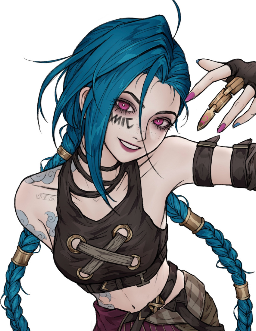 1girl, arcane:_league_of_legends, artelsia, blue_hair, blue_nails, braid, facepaint, jinx_(league_of_legends)