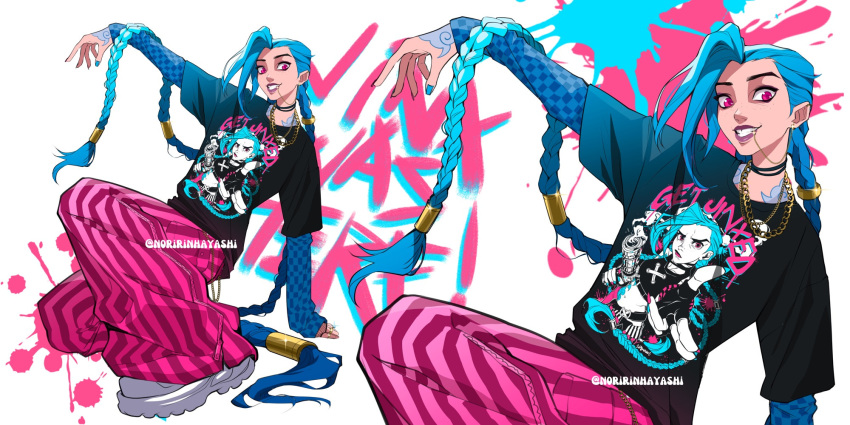 arcane:_league_of_legends, black_shirt, blue_hair, earrings, jinx_(league_of_legends), lip_piercing, noririnhayashi, pink_eyes