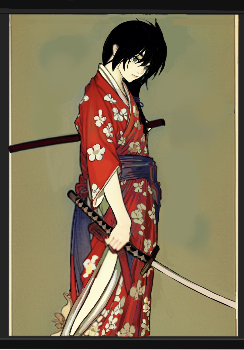 1boy, abstract_background, ashashio, bishounen, black_border, black_hair, blue_sash, border