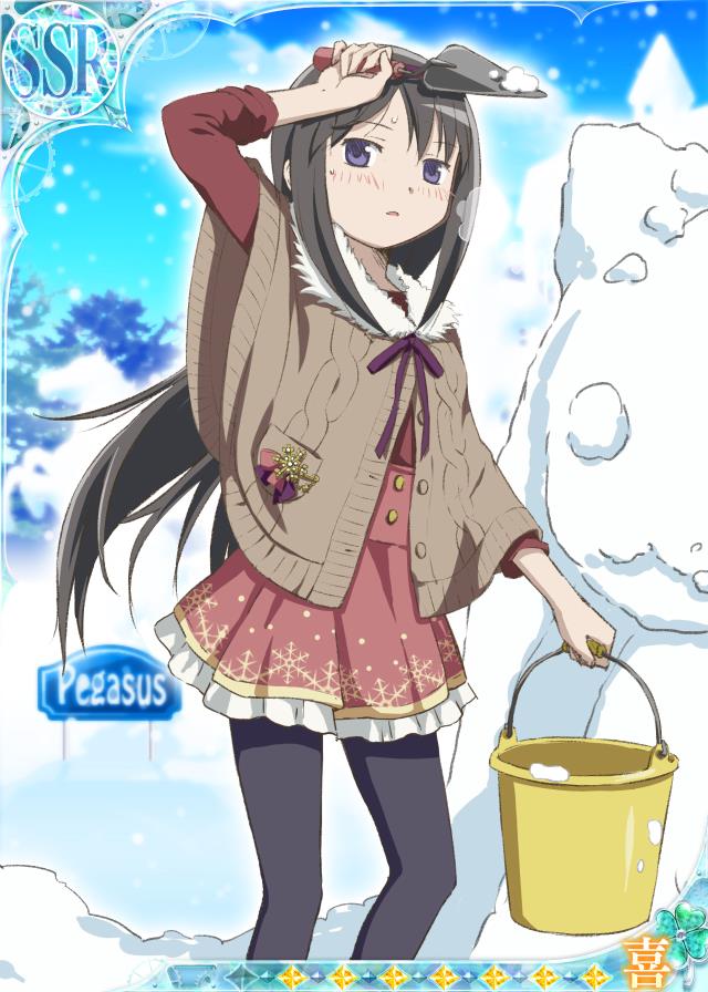 1girl, akemi_homura, artist_request, black_hair, black_pantyhose, blue_sky, bow, bowtie