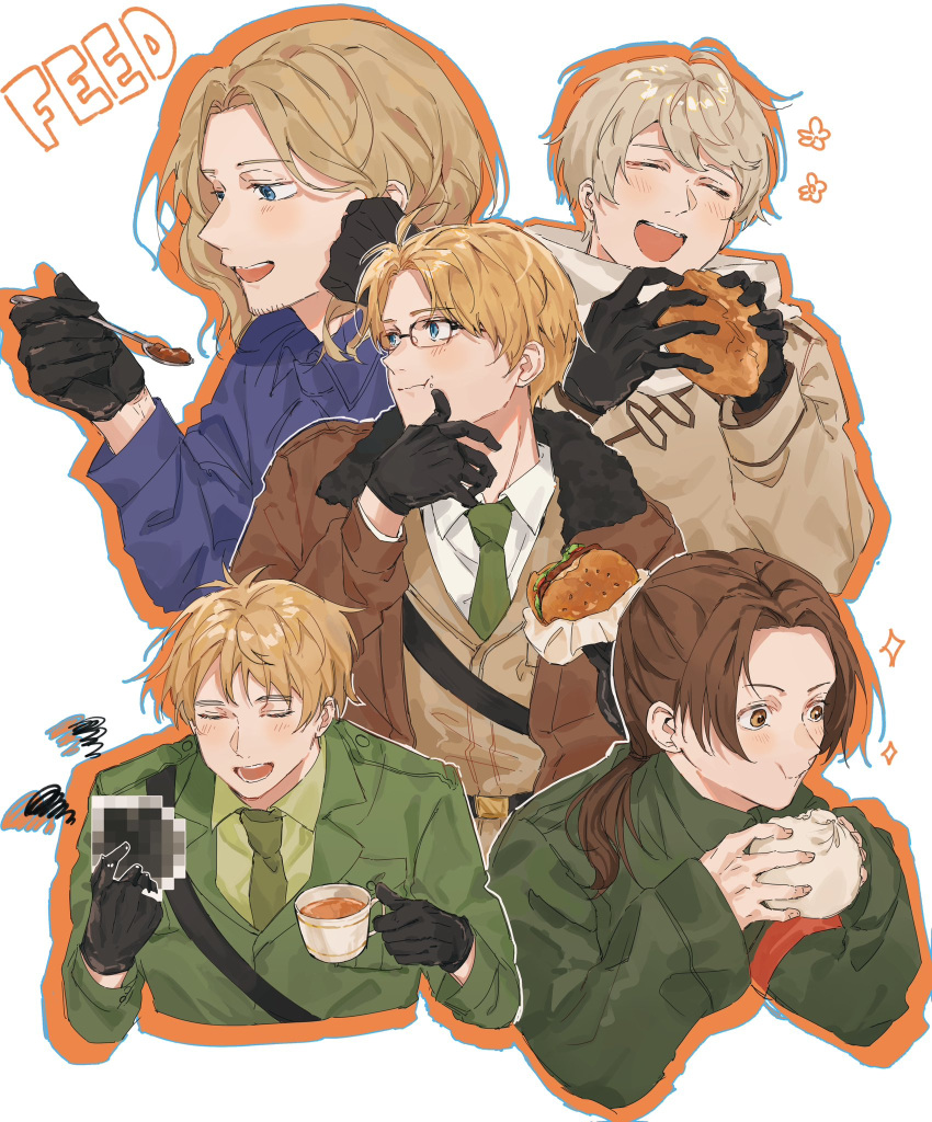 5boys, america_(hetalia), armband, axis_powers_hetalia, baozi, black-framed_eyewear, black_gloves, blonde_hair