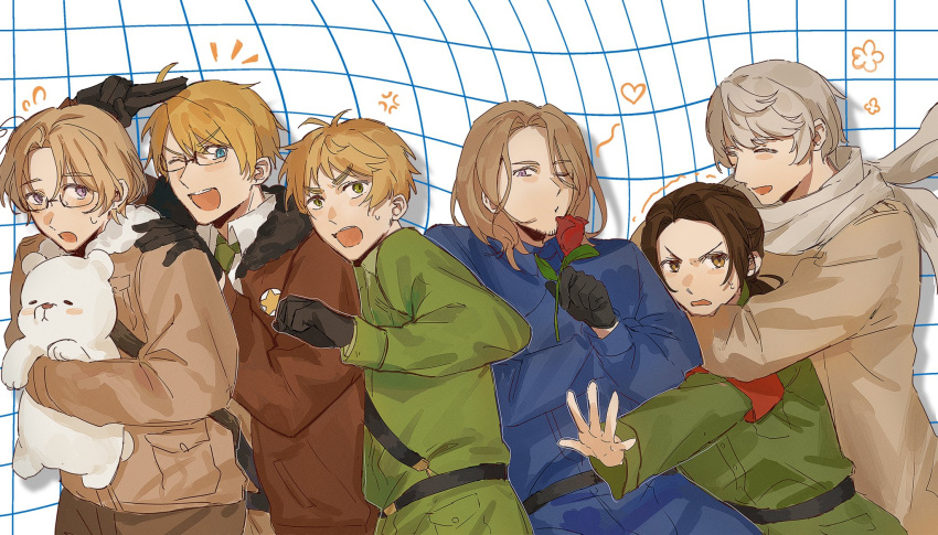 6+boys, america_(hetalia), anger_vein, annoyed, arm_up, armband, axis_powers_hetalia, belt, black-framed_eyewear, black_belt, black_gloves, blue_eyes, blue_jacket, blush, brown_coat, brown_eyes, brown_hair, brown_jacket, canada_(hetalia), checkered_background, china_(hetalia), clenched_hand, closed_eyes, coat, collared_jacket, collared_shirt, cowboy_shot, flower, flying_sweatdrops, france_(hetalia), fur-trimmed_jacket, fur_trim, glasses, gloves, green_eyes, green_jacket, green_necktie, grey_hair, hair_between_eyes, hand_up, happy, heart, highres, hkym_kk, holding, holding_flower, hug, hug_from_behind, jacket, light_brown_hair, long_hair, long_sleeves, looking_at_another, looking_at_viewer, male_focus, military_jacket, military_uniform, multiple_boys, necktie, notice_lines, one_eye_closed, open_mouth, pocket, ponytail, red_armband, red_flower, red_rose, rose, russia_(hetalia), scarf, semi-rimless_eyewear, shirt, smile, standing, star_(symbol), star_print, stuffed_animal, stuffed_toy, sweatdrop, teddy_bear, teeth, united_kingdom_(hetalia), v-shaped_eyebrows, violet_eyes, white_background, white_scarf, white_shirt