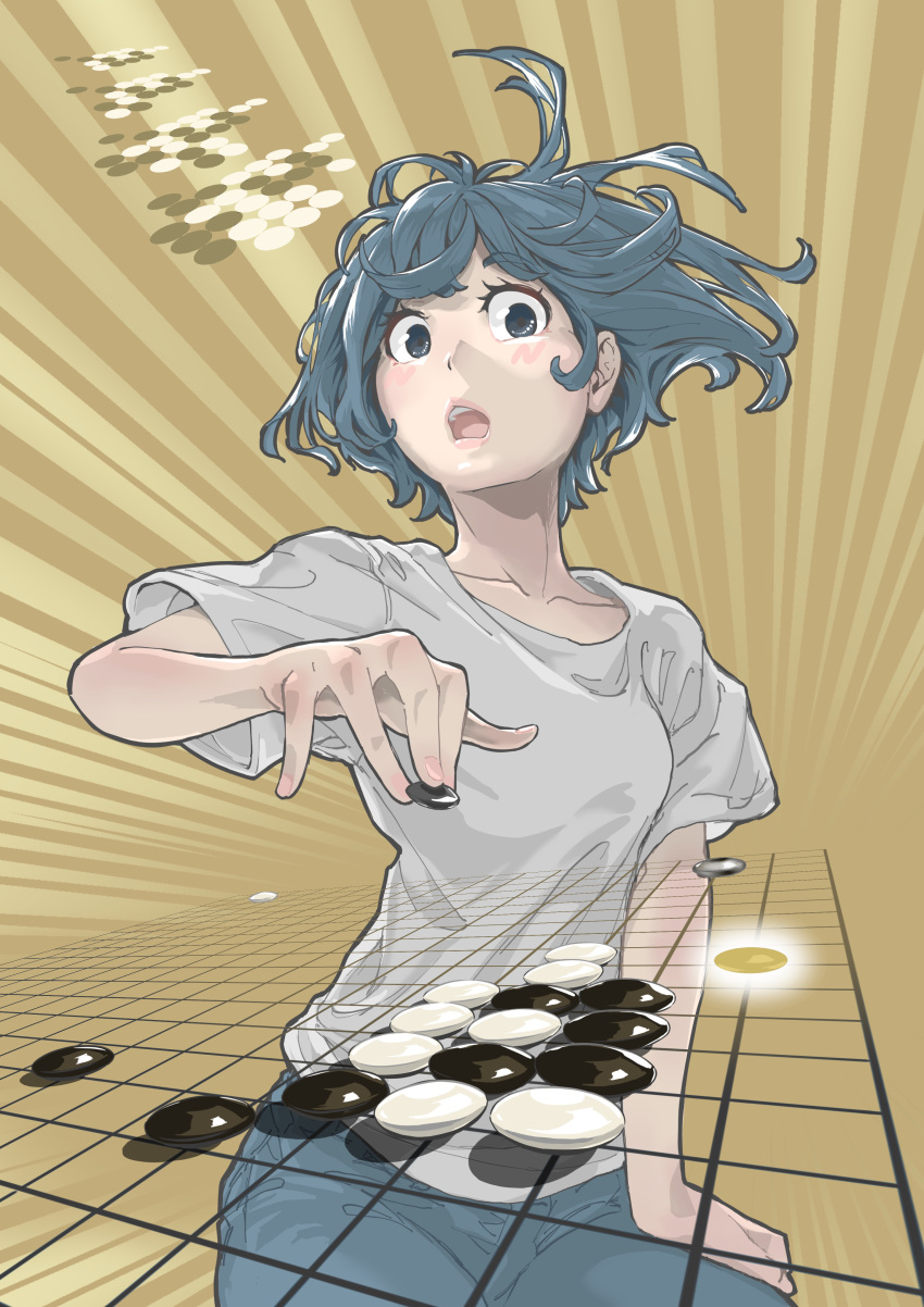 1girl, absurdres, blue_eyes, blue_hair, blush, collarbone, commentary_request, denim