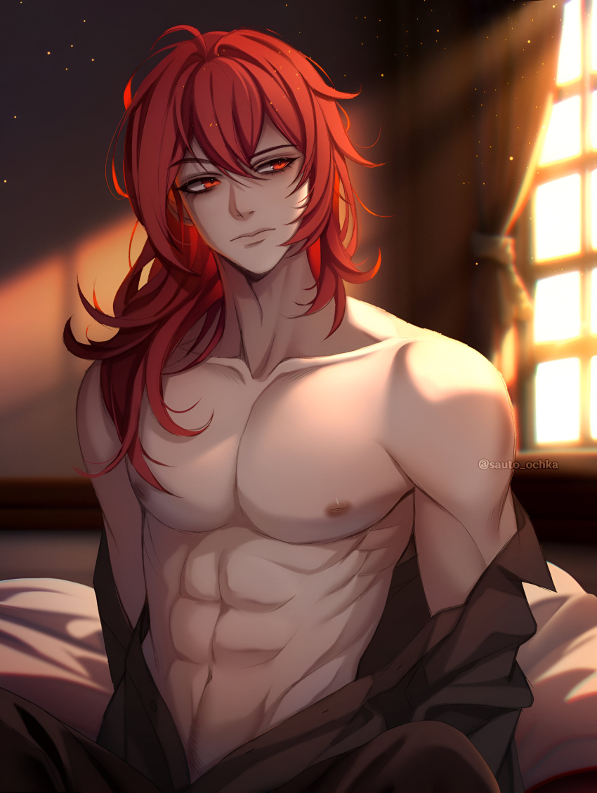 1boy, absurdres, closed_mouth, diluc_(genshin_impact), genshin_impact, hair_between_eyes, highres, long_hair, male_focus, muscular, muscular_male, nipples, red_eyes, redhead, sauto-0chka, self-upload, solo_focus, stomach, topless_male, torso